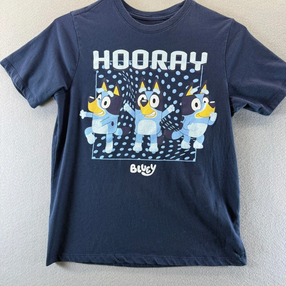 Bluey Hooray Graphic T-Shirt Kids XL 14/16 Navy Blue Short Sleeve Crewneck Tee